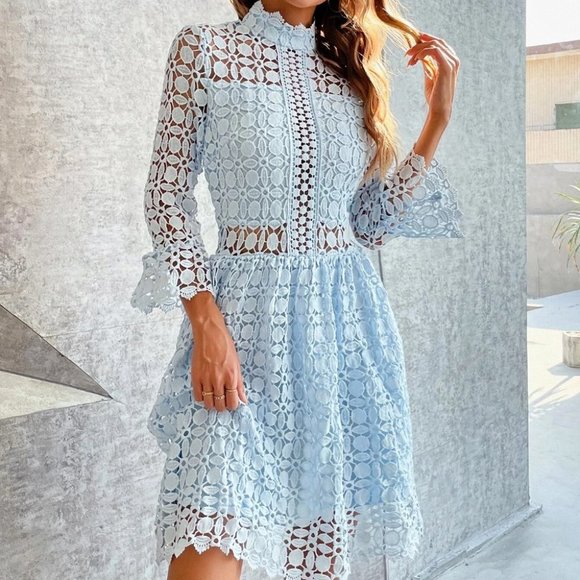 Mesh Insert Mock Neck Flounce Sleeve Lace Dress Blue - Picture 2 of 7